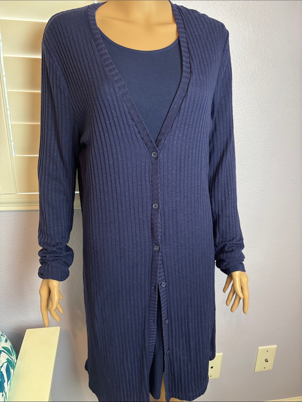 Extra Long Navy Ribbed Button-Front Cardigan Dovetail - Picture 3 of 6